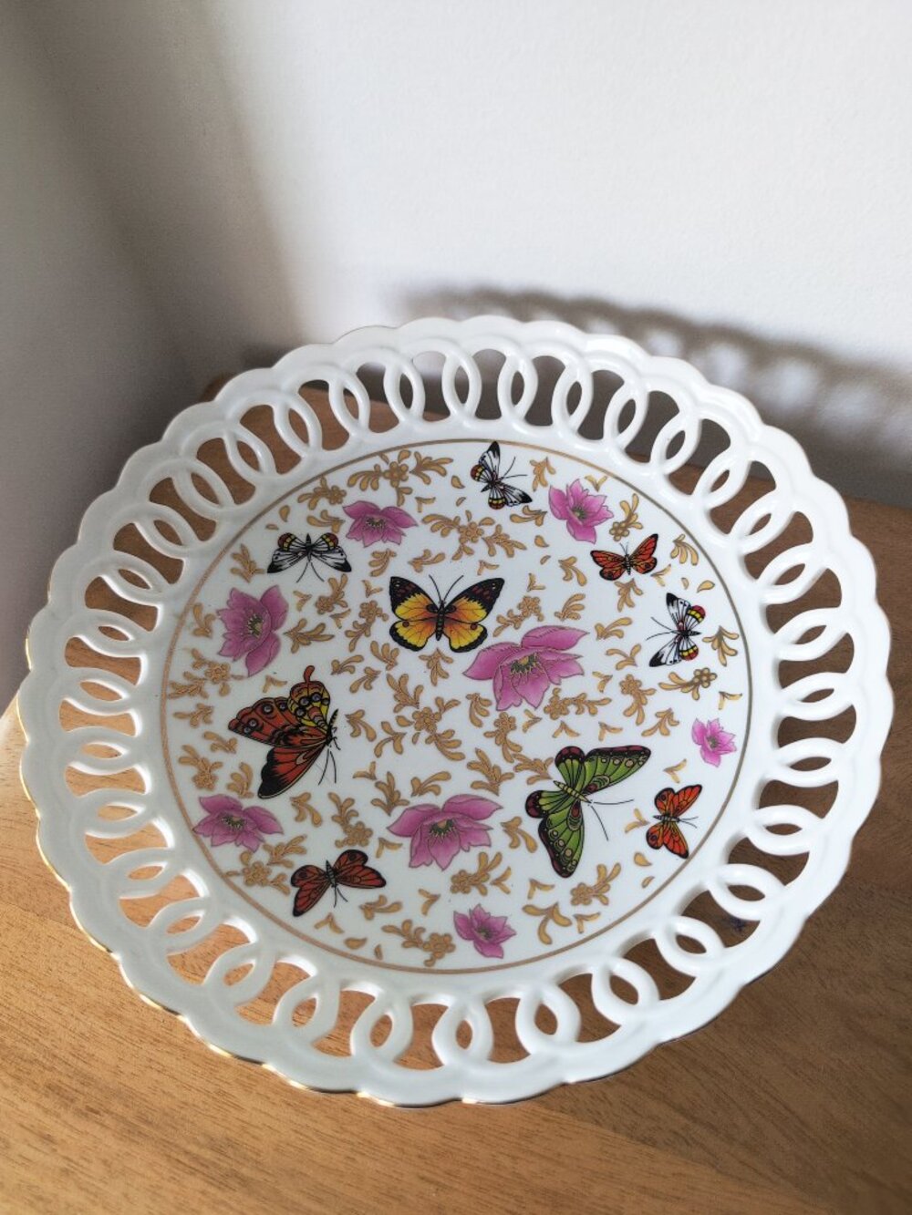 Vintage Style Allison L.L. Butterfly Porcelain Pierced Place Floral Trinket Dish